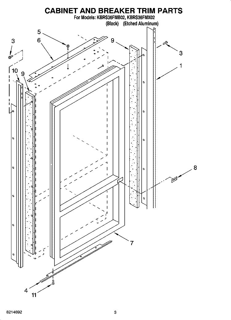 CABINET AND BREAKER TRIM PARTS Diagram and Parts List for KBRS36FMX02  KitchenAid Refrigerator