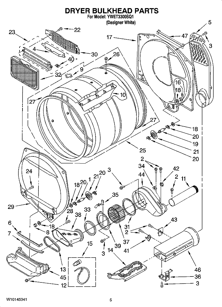 DRYER BULKHEAD PARTS Diagram and Parts List for YWET3300SQ1  Whirlpool Washer Dryer Combo