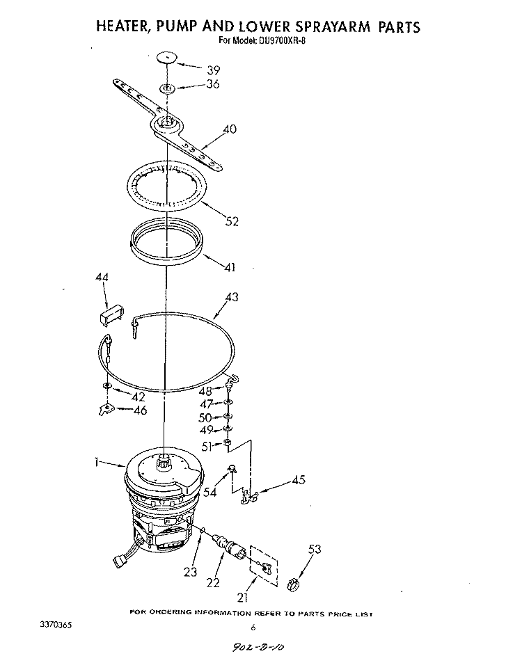 HEATER, PUMP, AND LOWER SPRAYARM Diagram and Parts List for DU9700XR8  Whirlpool Dishwasher