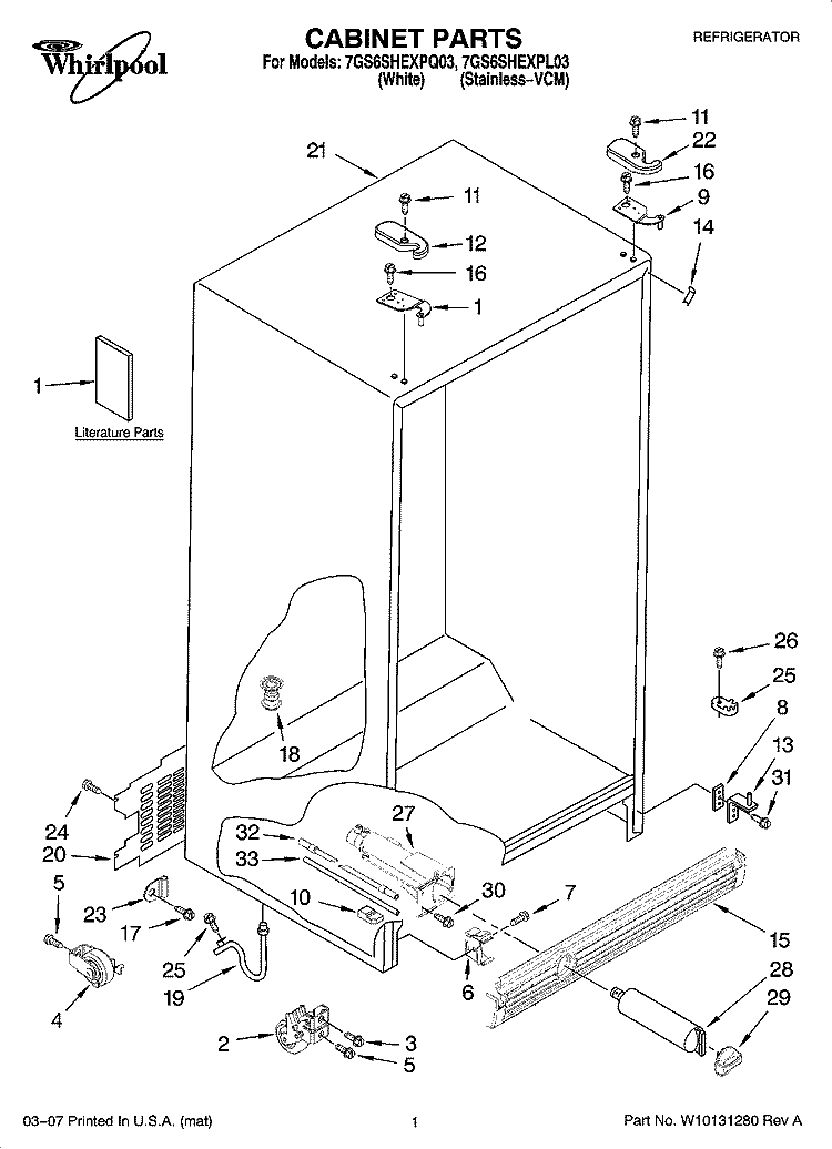 CABINET PARTS Diagram and Parts List for 7GS6SHEXPQ03  Whirlpool Refrigerator