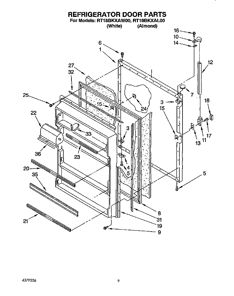 REFRIGERATOR DOOR, LIT/OPTIONAL Diagram and Parts List for RT18BKXBW00  Roper Refrigerator