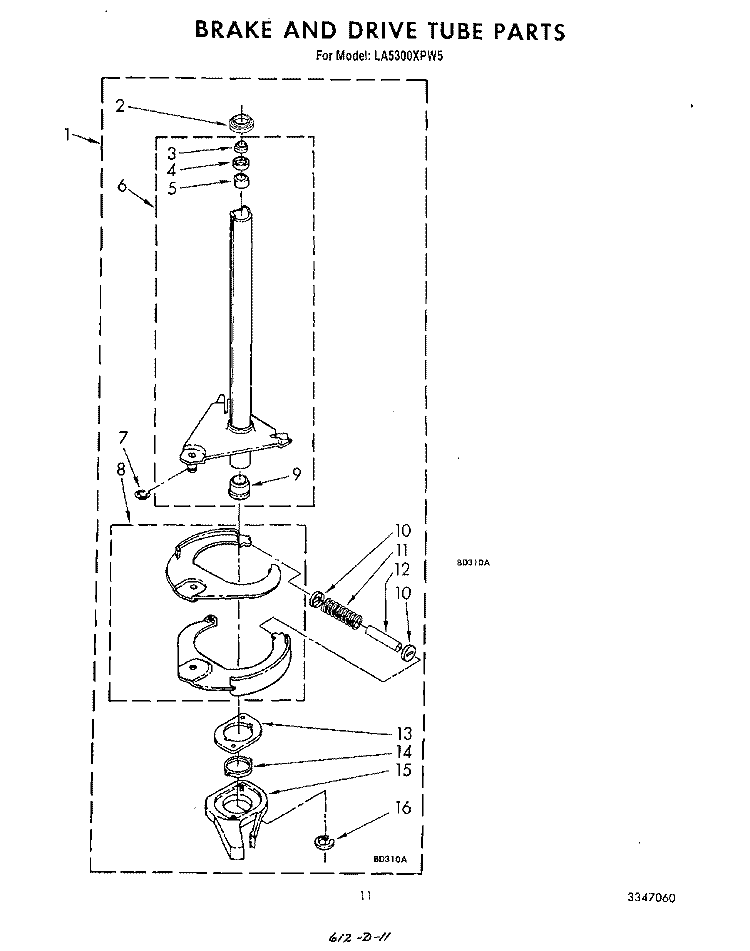 BRAKE AND DRIVE TUBE Diagram and Parts List for LA5300XPW5  Whirlpool Washer