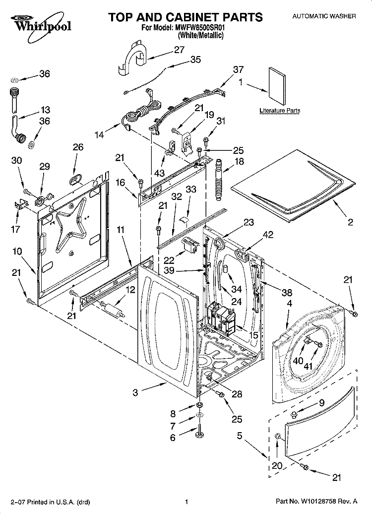TOP AND CABINET PARTS Diagram and Parts List for MWFW8500SR01  Whirlpool Washer