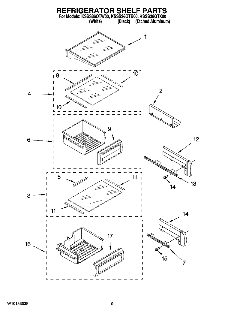REFRIGERATOR SHELF PARTS Diagram and Parts List for KSSS36QTB00  KitchenAid Refrigerator