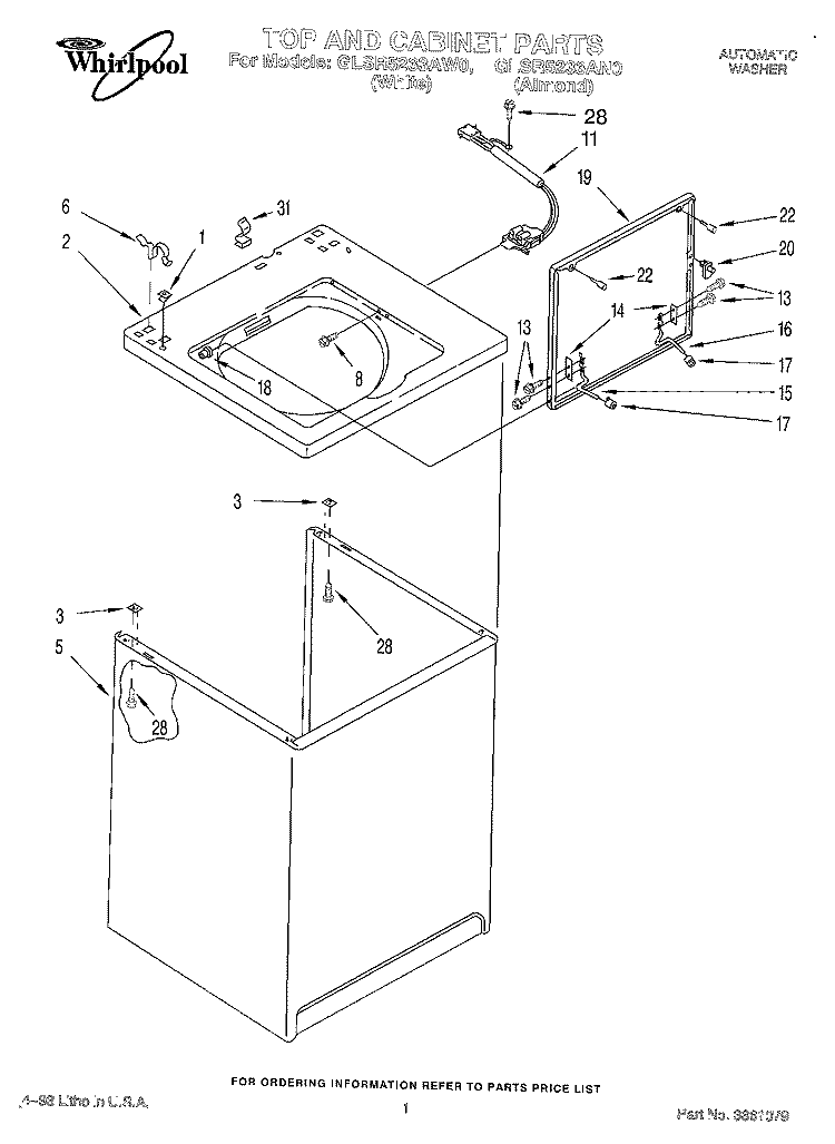 TOP AND CABINET, LIT/OPTIONAL Diagram and Parts List for GLSR5233AW0  Whirlpool Washer