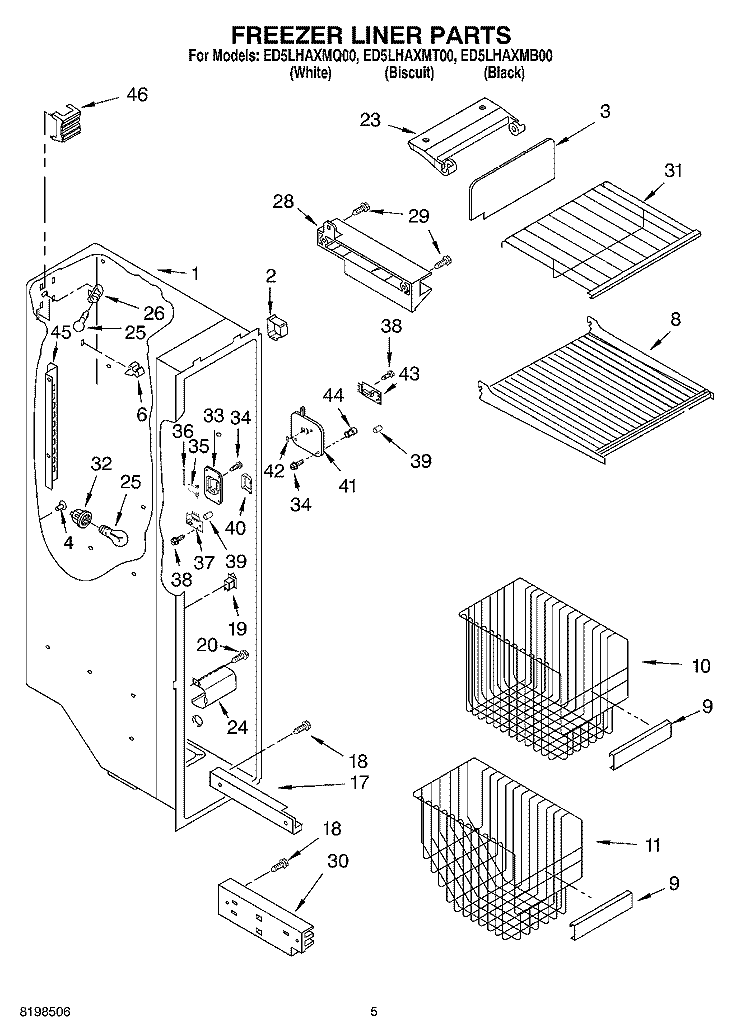 FREEZER LINER PARTS Diagram and Parts List for ED5LHAXMB00  Whirlpool Refrigerator