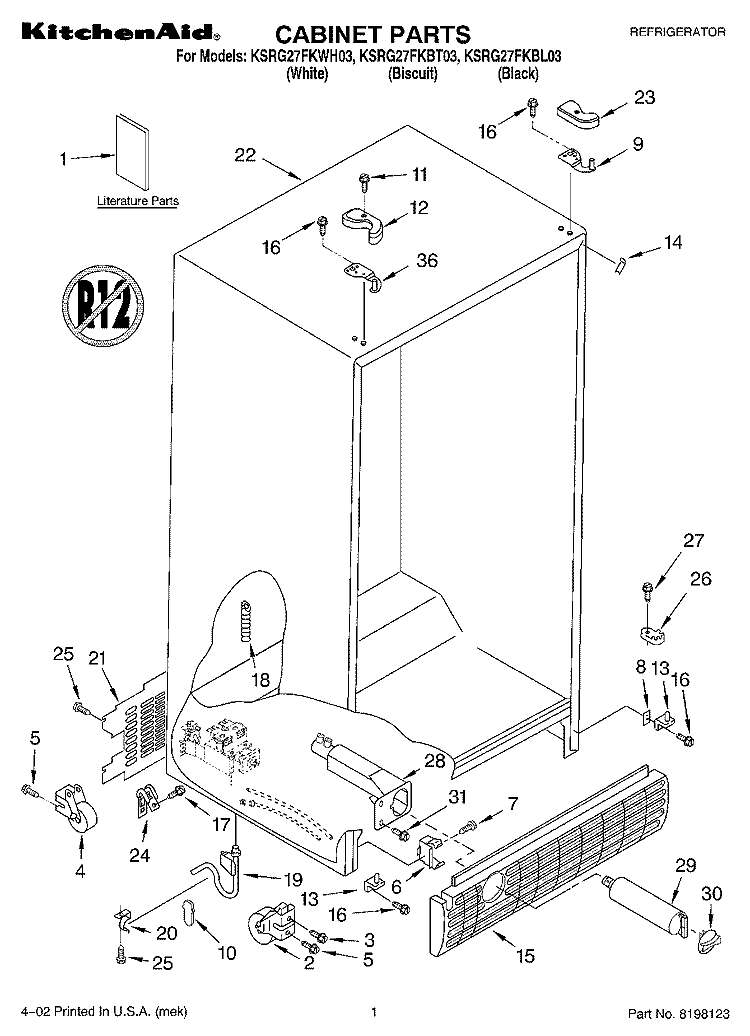 CABINET, LITERATURE Diagram and Parts List for KSRG27FKBL03  KitchenAid Refrigerator