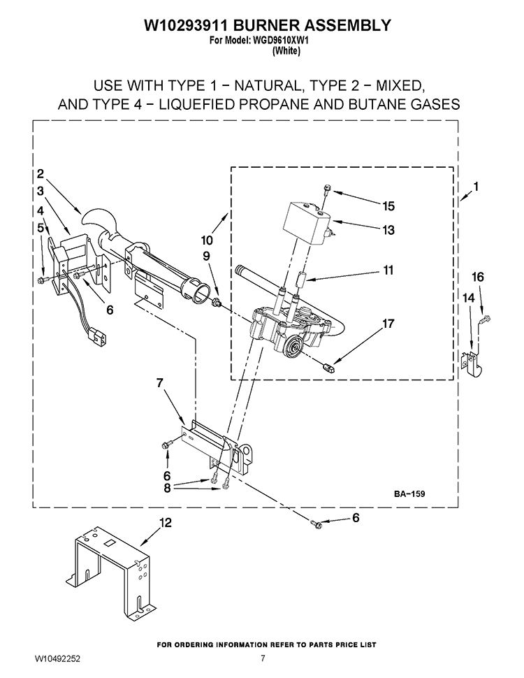 W10293911 BURNER ASSEMBLY Diagram and Parts List for WGD9610XW1  Whirlpool Dryer