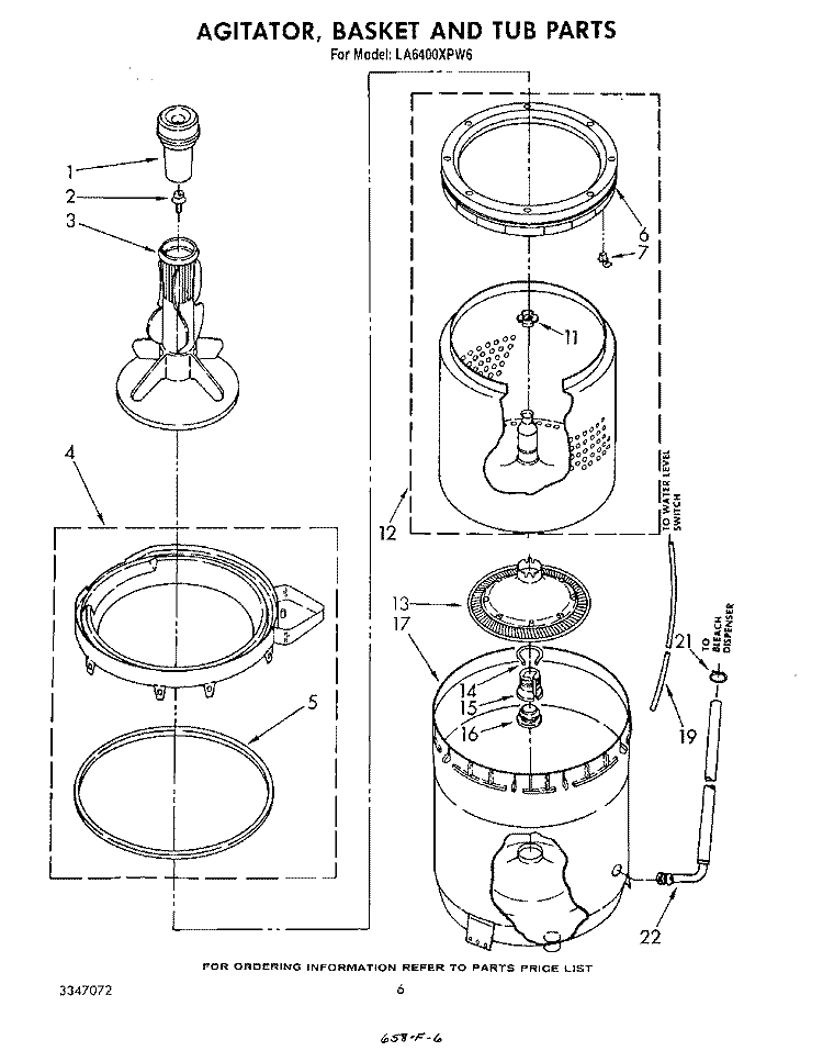 AGITATOR, BASKET AND TUB Diagram and Parts List for LA6400XPW6  Whirlpool Washer