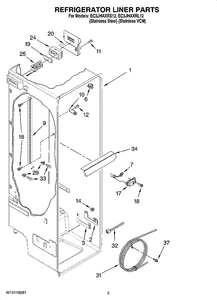 REFRIGERATOR LINER PARTS Diagram and Parts List for EC3JHAXRL12  Whirlpool Refrigerator