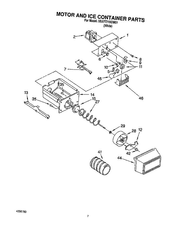 MOTOR AND ICE CONTAINER Diagram and Parts List for 3XART710GW01  Whirlpool Refrigerator
