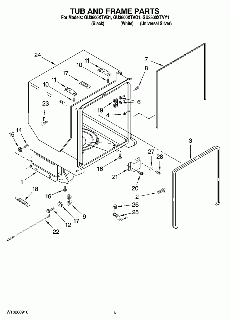 TUB AND FRAME PARTS Diagram and Parts List for GU3600XTVQ1  Whirlpool Dishwasher