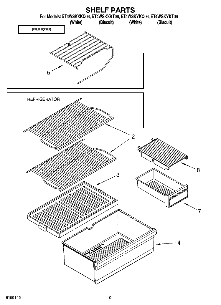 SHELF PARTS, OPTIONAL PARTS Diagram and Parts List for ET4WSKYKQ06  Whirlpool Refrigerator