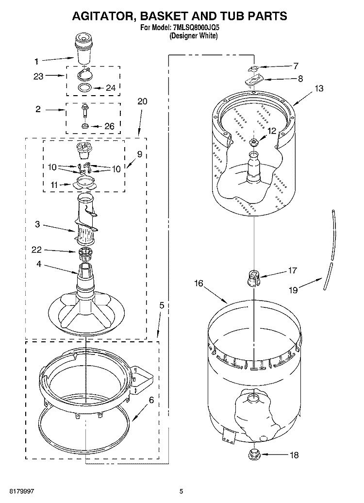 AGITATOR, BASKET AND TUB PARTS Diagram and Parts List for 7MLSQ8000JQ5  Whirlpool Washer