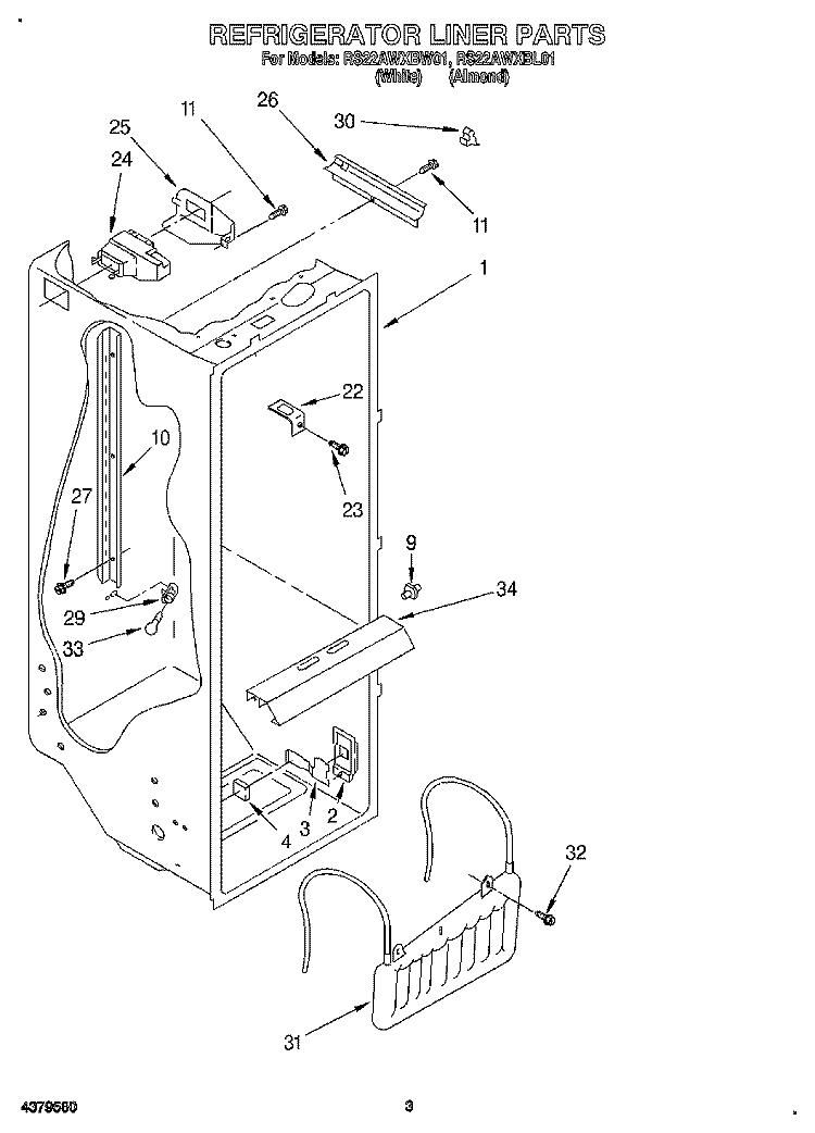 REFRIGERATOR LINER Diagram and Parts List for RS22AWXBW01  Roper Refrigerator