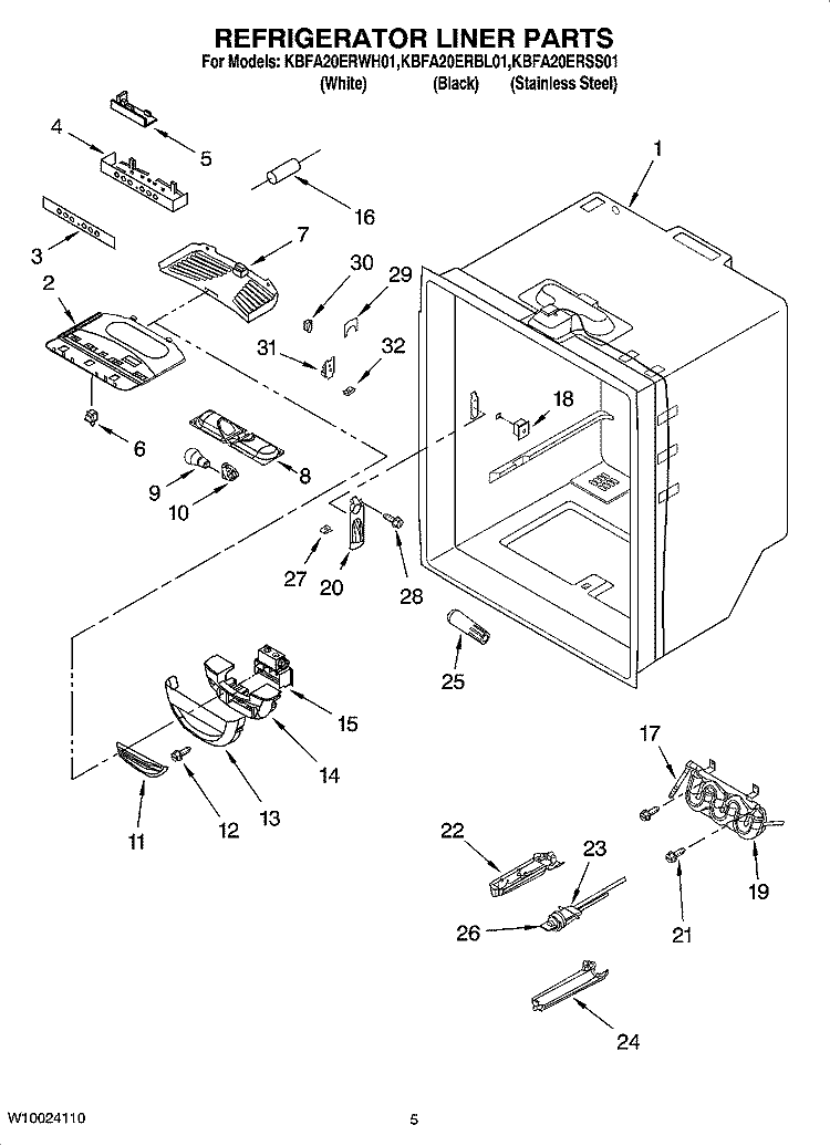 REFRIGERATOR LINER PARTS Diagram and Parts List for KBFA20ERBL01  KitchenAid Refrigerator