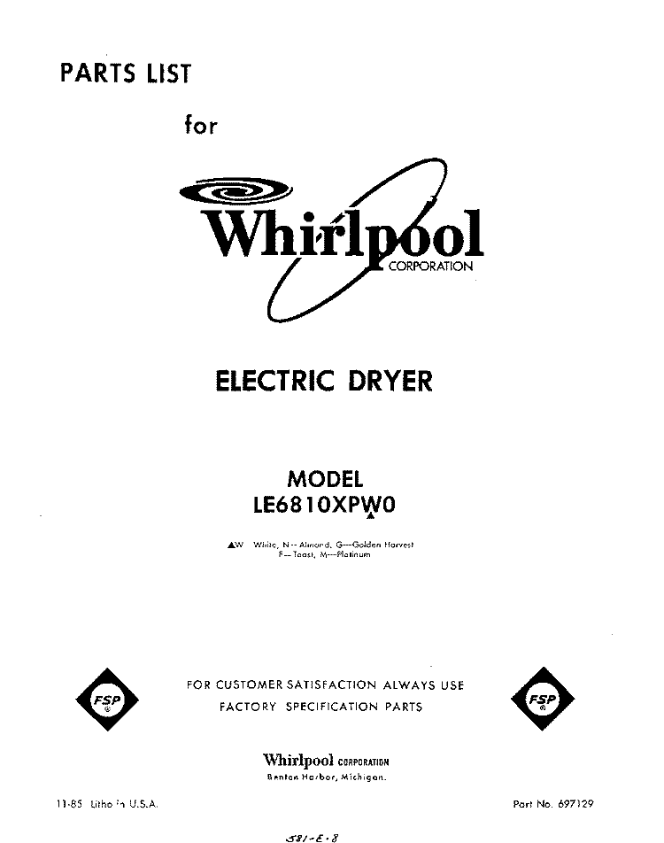 SECTION Diagram and Parts List for LE6810XPW0  Whirlpool Dryer
