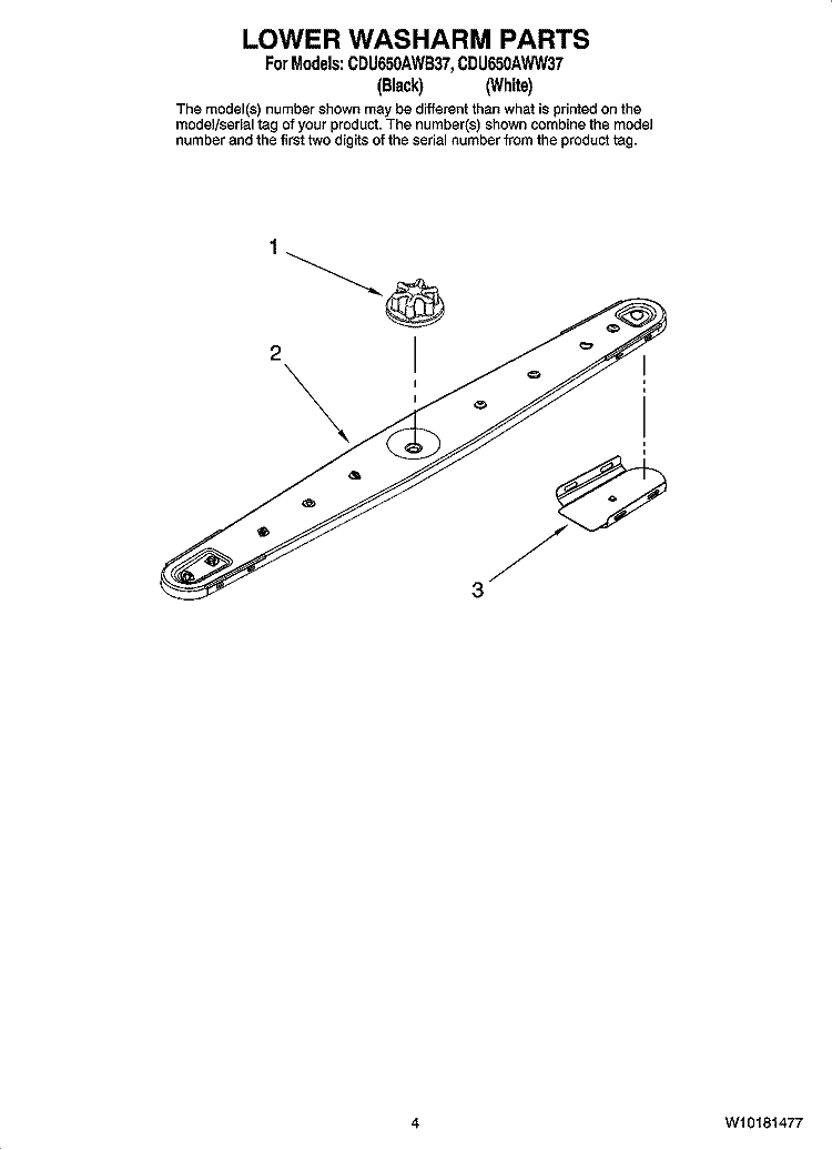 LOWER WASHARM PARTS Diagram and Parts List for CDU650AWB37  Crosley Dishwasher