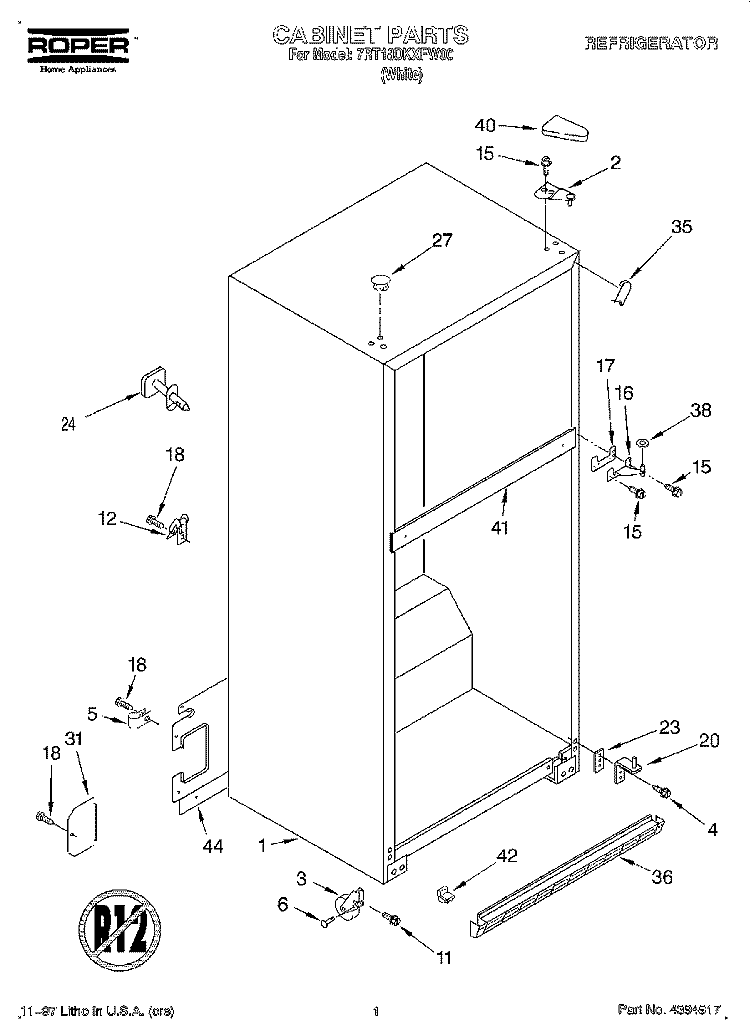 CABINET Diagram and Parts List for 7RT18DKXFW00  Roper Refrigerator