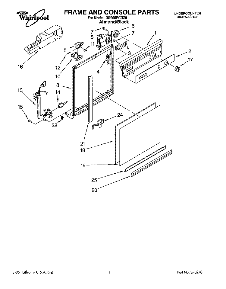 FRAME AND CONSOLE Diagram and Parts List for DU900PCDZ0  Whirlpool Dishwasher