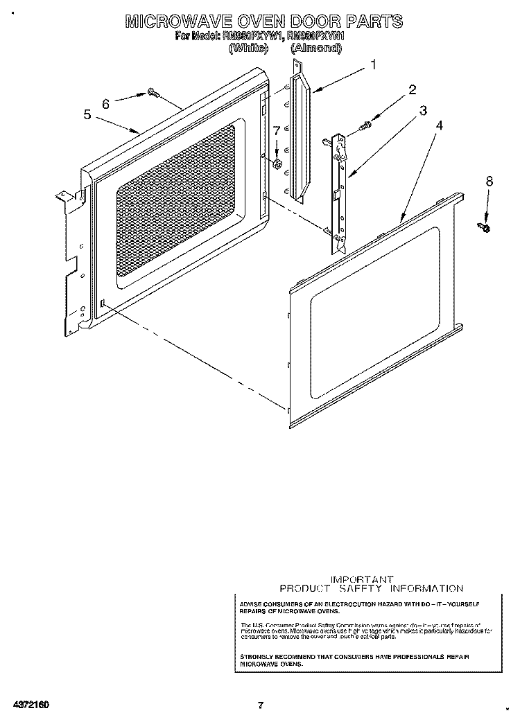 MICROWAVE OVEN DOOR Diagram and Parts List for RM980PXYN1  Whirlpool Microwave Oven Combo