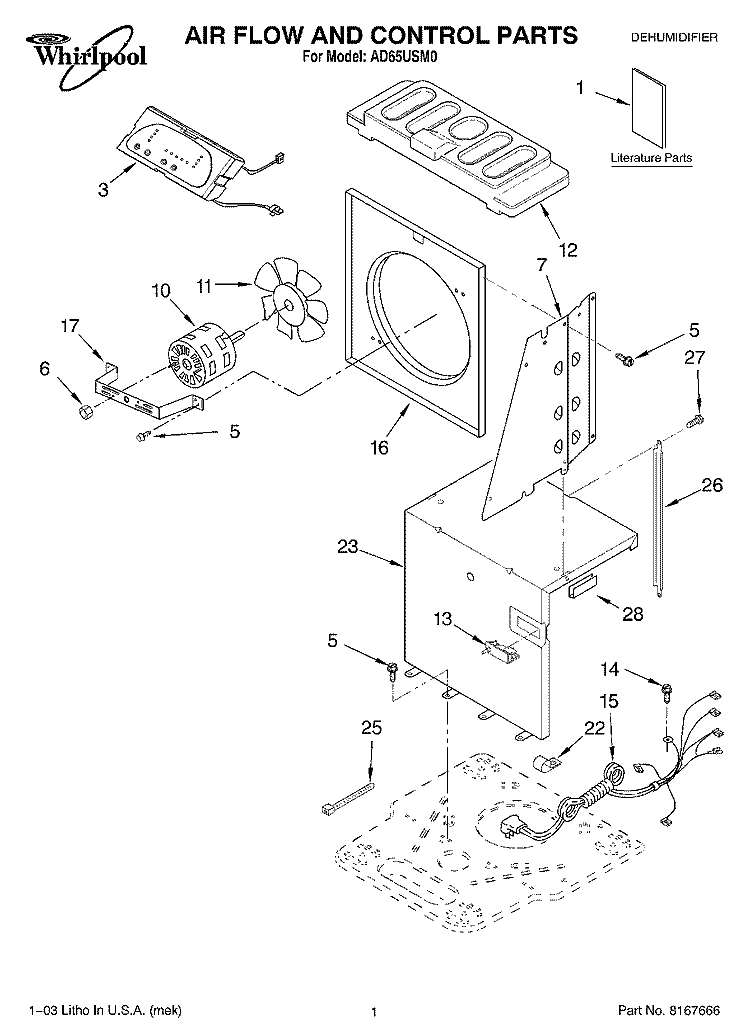 AIR FLOW AND CONTROL PARTS Diagram and Parts List for AD65USM0  Whirlpool Dehumidifier