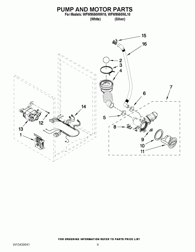 PUMP AND MOTOR PARTS Diagram and Parts List for WFW9550WL10  Whirlpool Washer