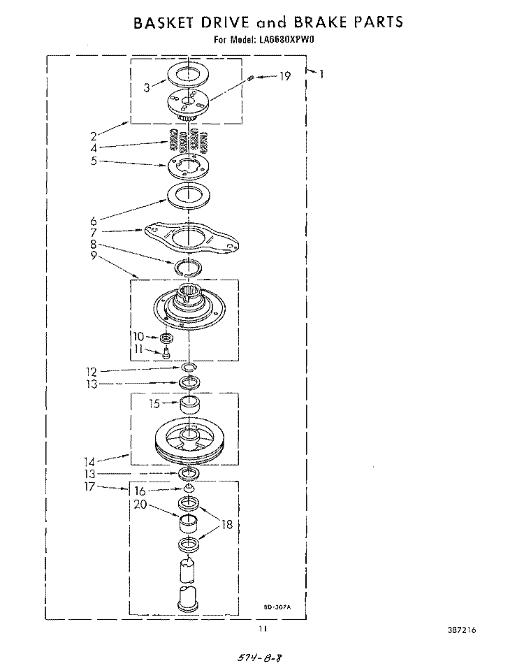 BASKET DRIVE AND BRAKE Diagram and Parts List for LA6680XPW0  Whirlpool Washer