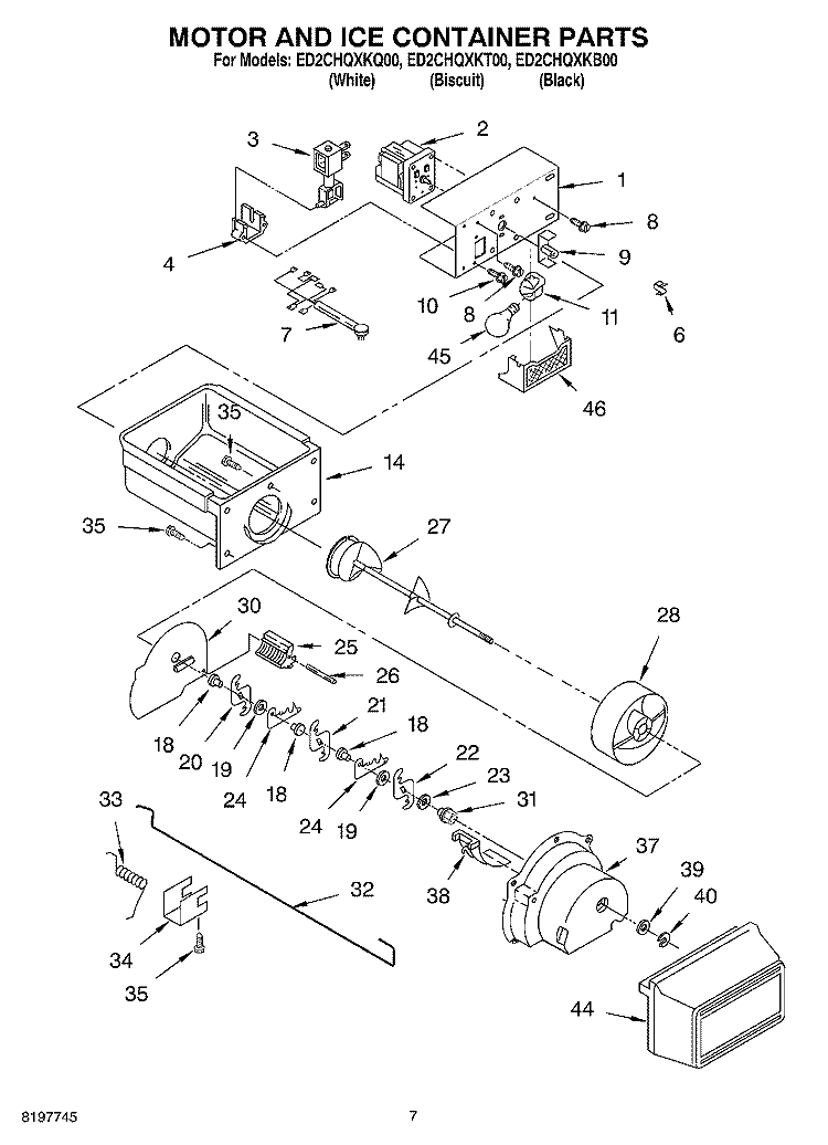 MOTOR AND ICE CONTAINER Diagram and Parts List for ED2CHQXKQ00  Whirlpool Refrigerator
