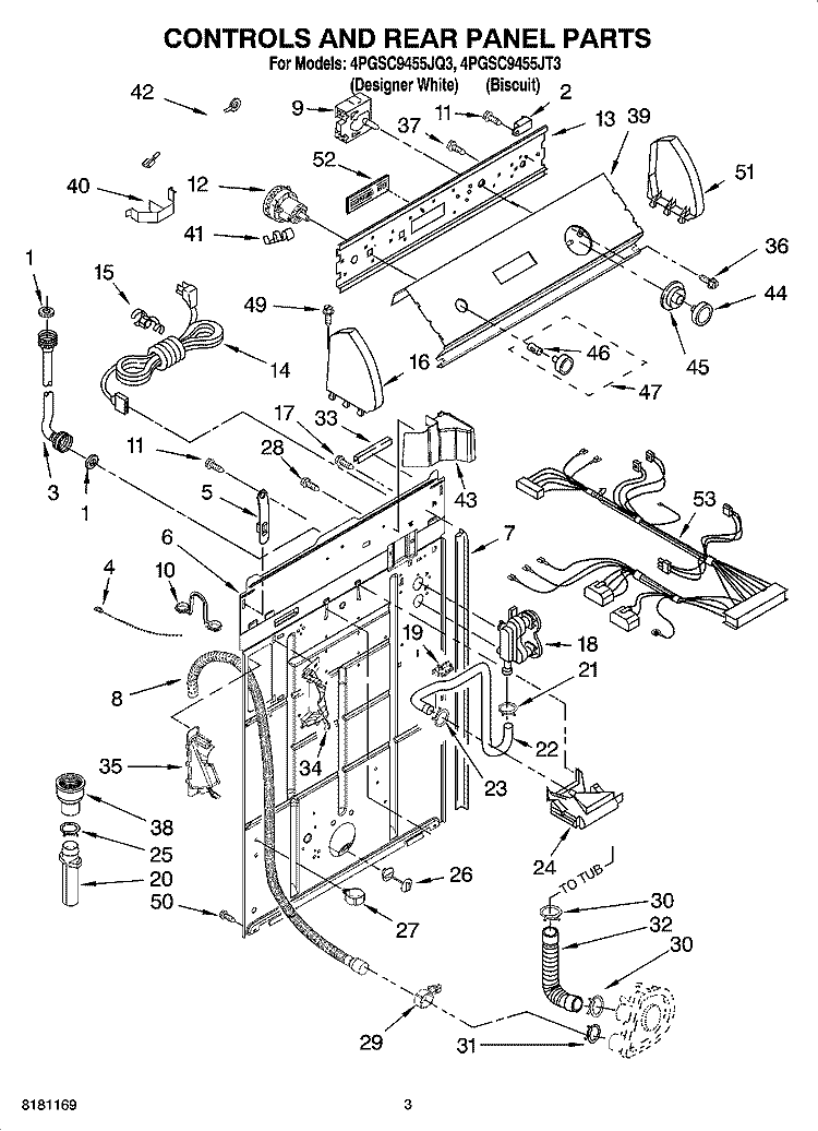 CONTROLS AND REAR PANEL PARTS Diagram and Parts List for 4PGSC9455JQ3  Whirlpool Washer