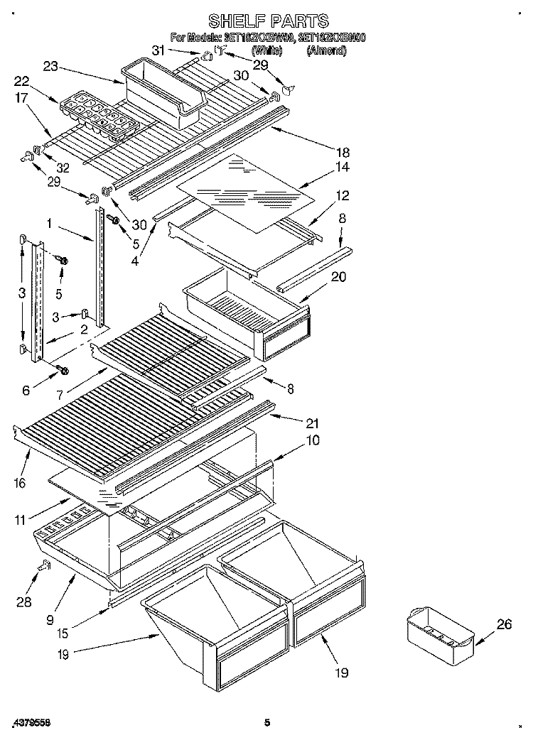SHELF Diagram and Parts List for 3ET18ZKXBN00  Whirlpool Refrigerator