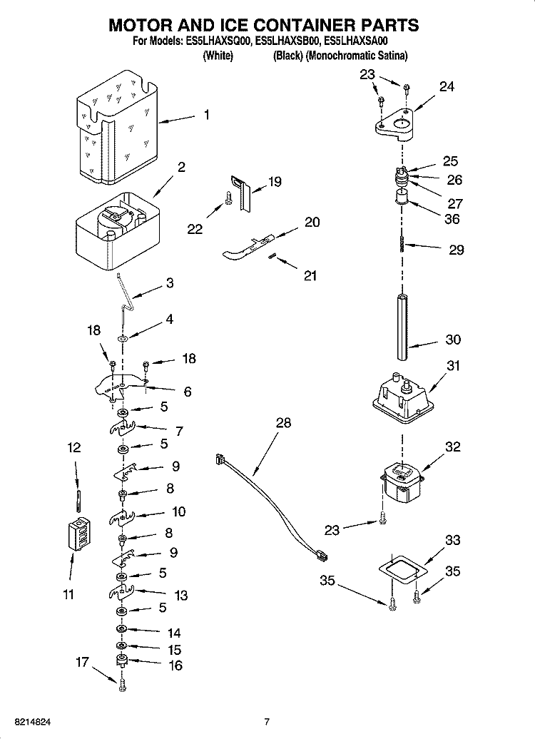 MOTOR AND ICE CONTAINER PARTS Diagram and Parts List for ES5LHAXSQ00  Whirlpool Refrigerator