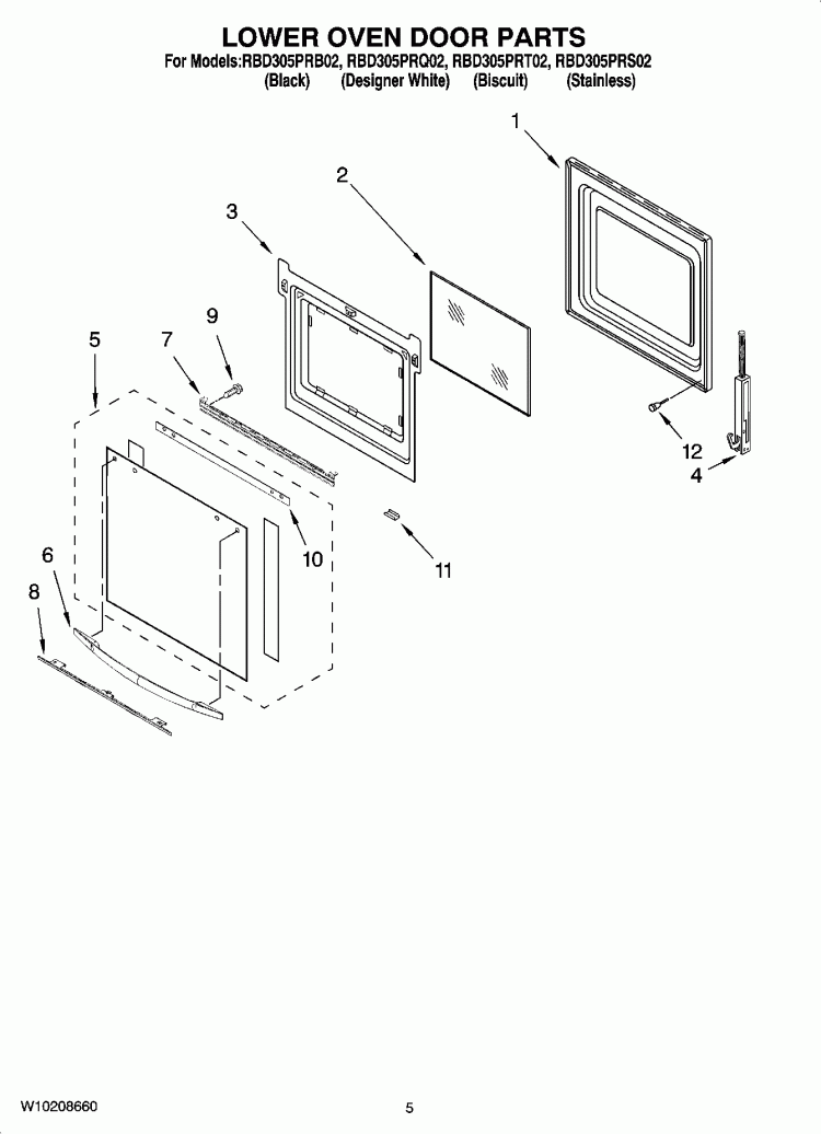 LOWER OVEN DOOR PARTS Diagram and Parts List for RBD305PRT02  Whirlpool Wall Oven