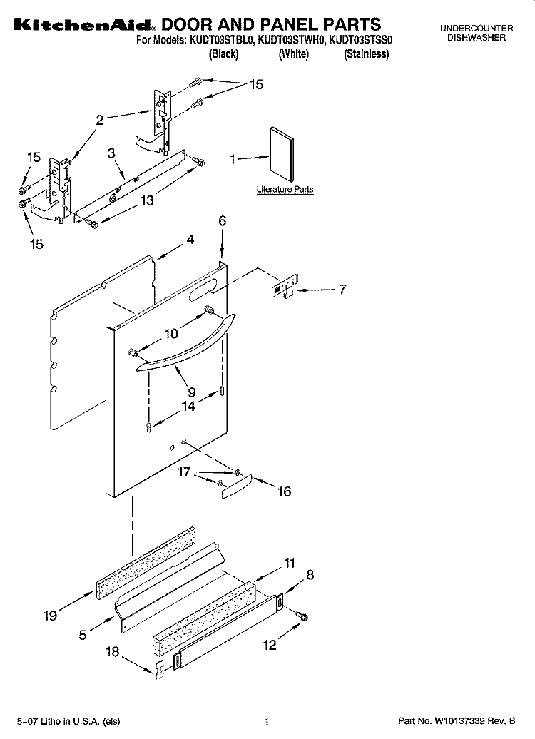 DOOR AND PANEL PARTS Diagram and Parts List for KUDT03STSS0  KitchenAid Dishwasher