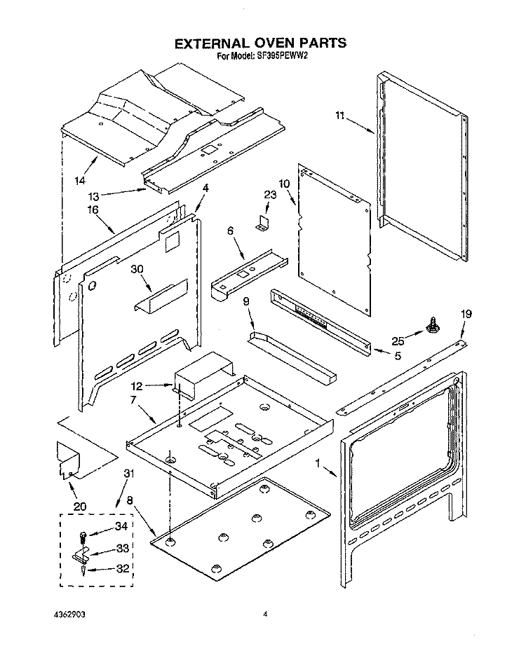 EXTERNAL OVEN Diagram and Parts List for SF395PEWN2  Whirlpool Range
