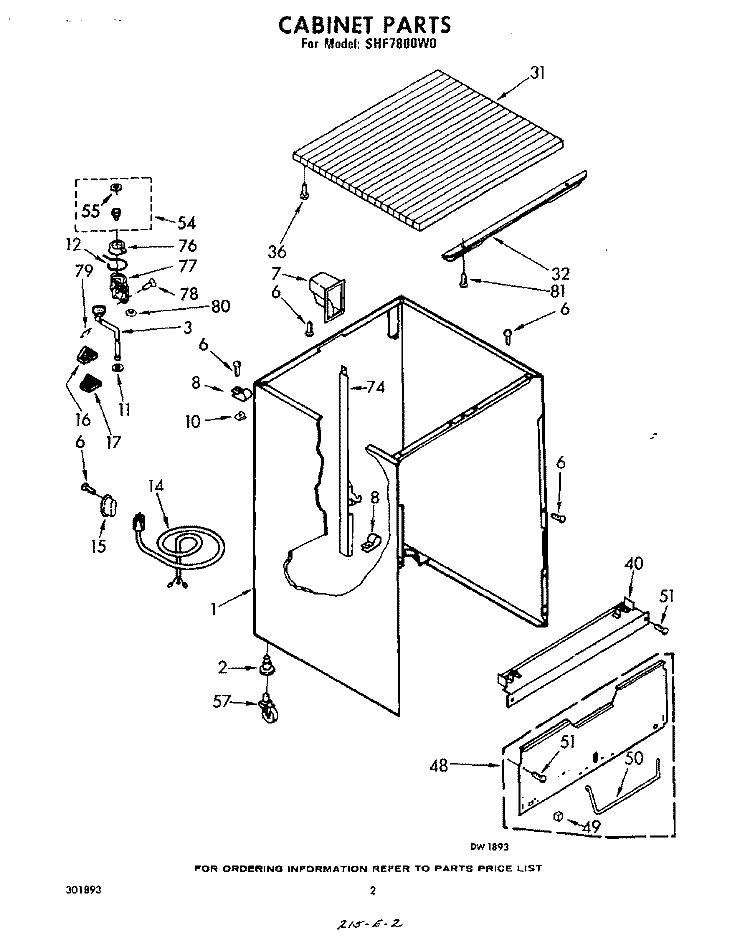 CABINET Diagram and Parts List for SHF7800W0  Whirlpool Dishwasher