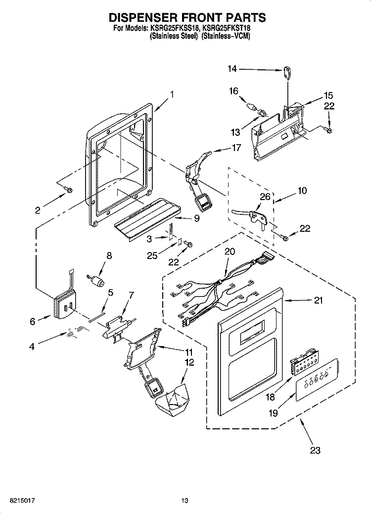 DISPENSER FRONT PARTS Diagram and Parts List for KSRG25FKST18  KitchenAid Refrigerator