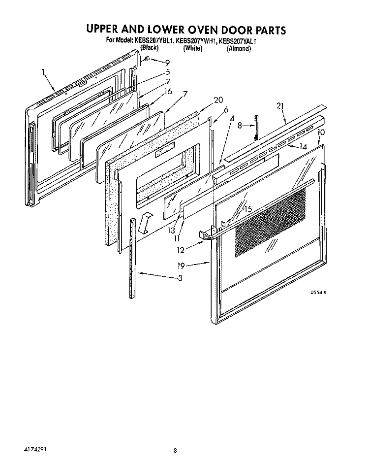 UPPER AND LOWER OVEN DOOR Diagram and Parts List for KEBS207YAL1  KitchenAid Wall Oven