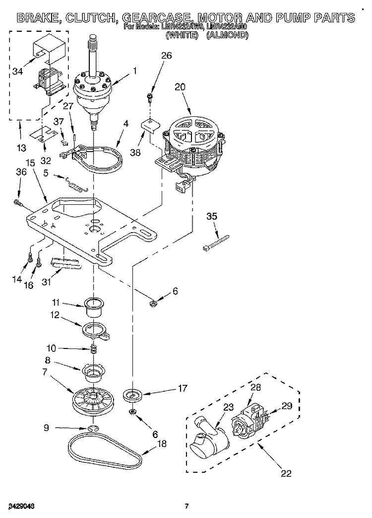 BRAKE, CLUTCH, GEARCASE, MOTOR & PUMP Diagram and Parts List for LMR4232AW0  Whirlpool Washer