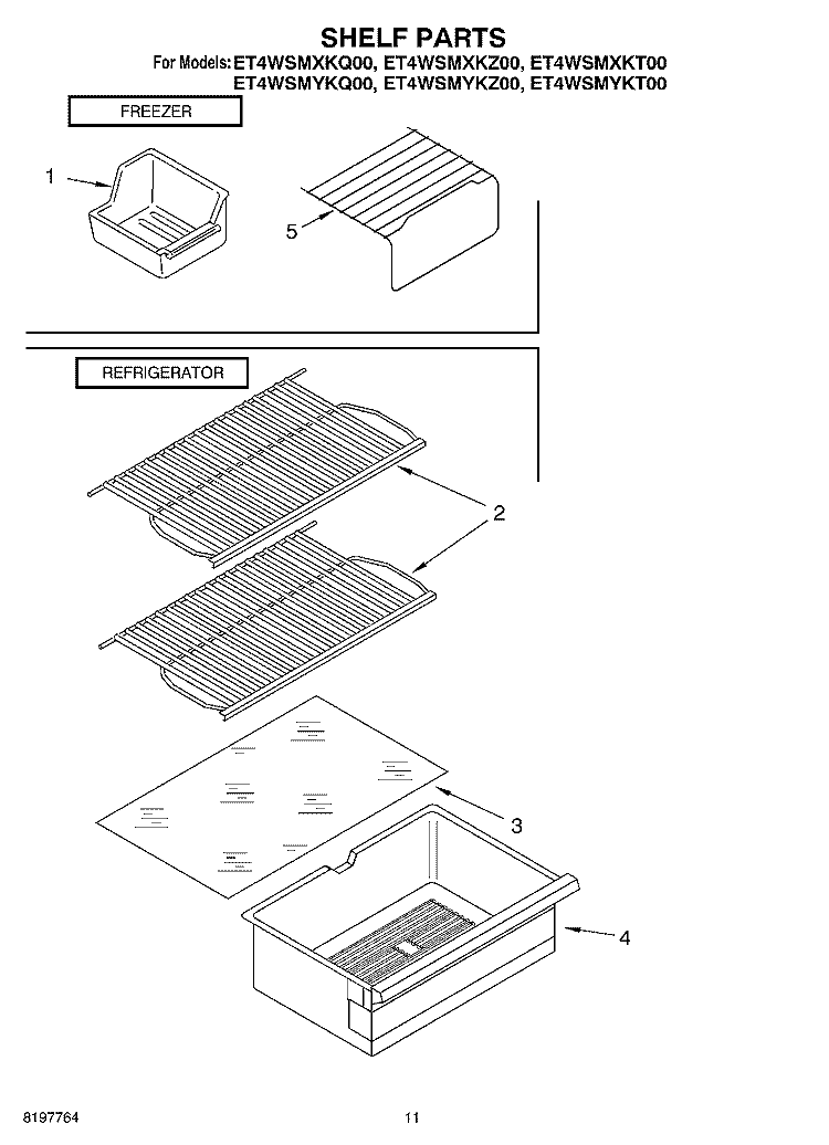 SHELF, OPTIONAL Diagram and Parts List for ET4WSMYKT00  Whirlpool Refrigerator