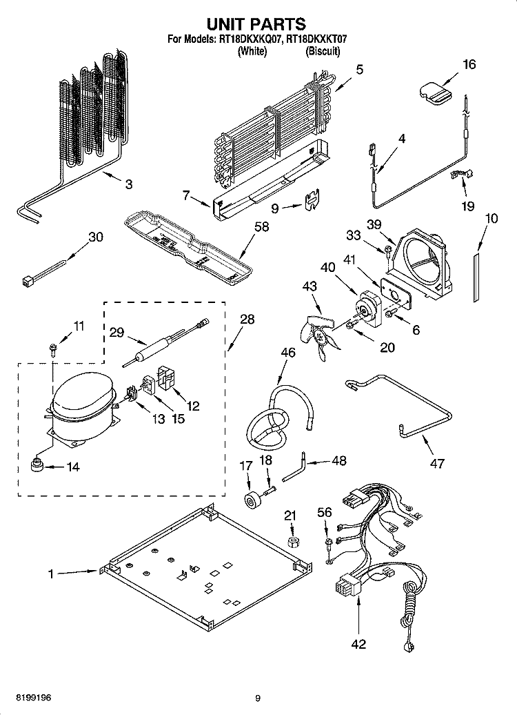UNIT PARTS, OPTIONAL PARTS Diagram and Parts List for RT18DKXKQ07  Roper Refrigerator