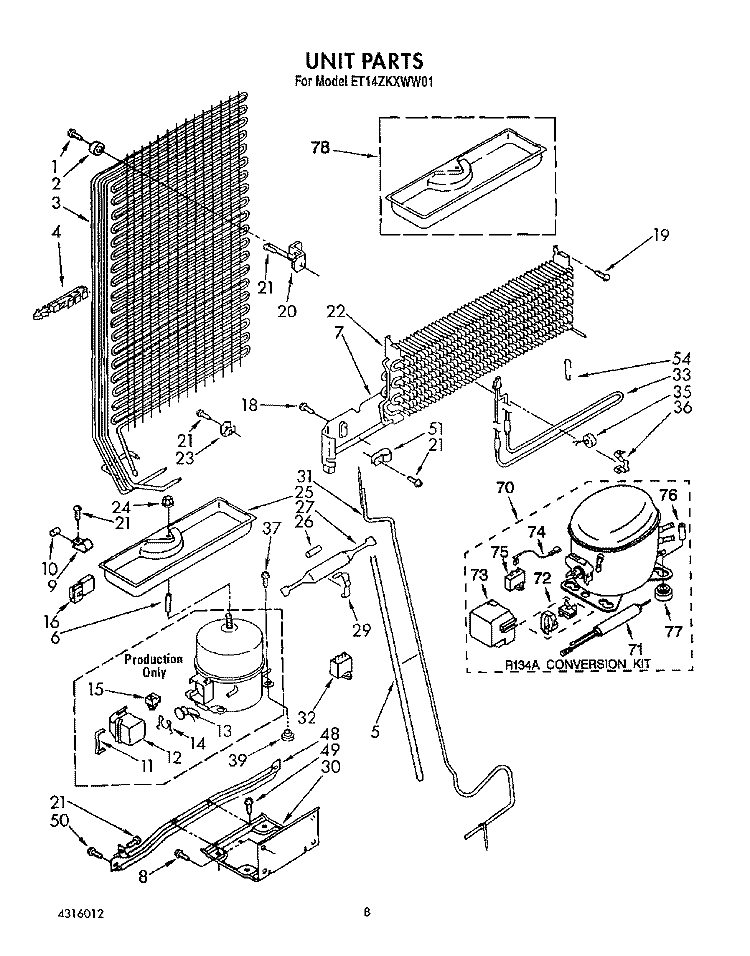 UNIT Diagram and Parts List for ET14ZKXWW01  Whirlpool Refrigerator