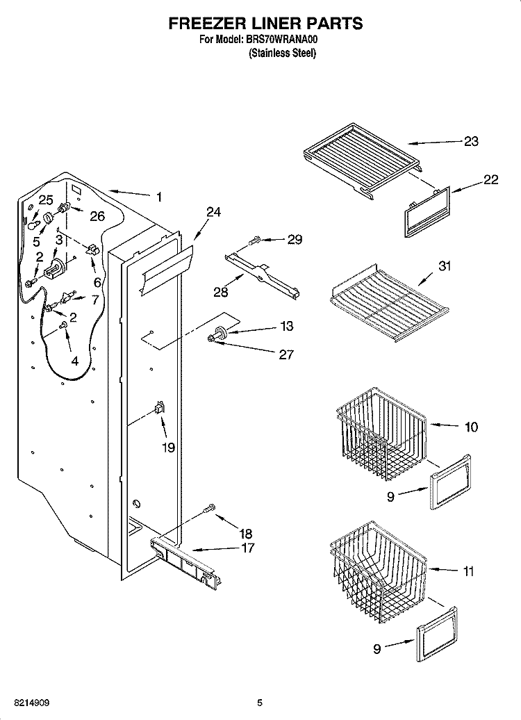 FREEZER LINER PARTS Diagram and Parts List for BRS70WRANA00  Whirlpool Refrigerator