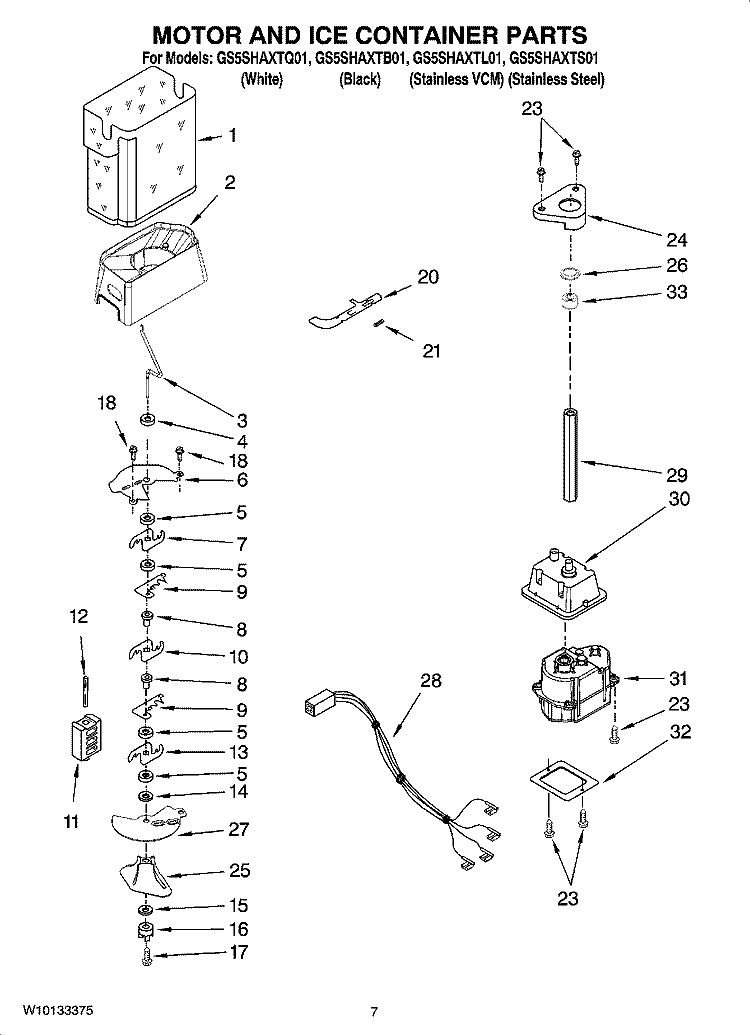 MOTOR AND ICE CONTAINER PARTS Diagram and Parts List for GS5SHAXTL01  Whirlpool Refrigerator