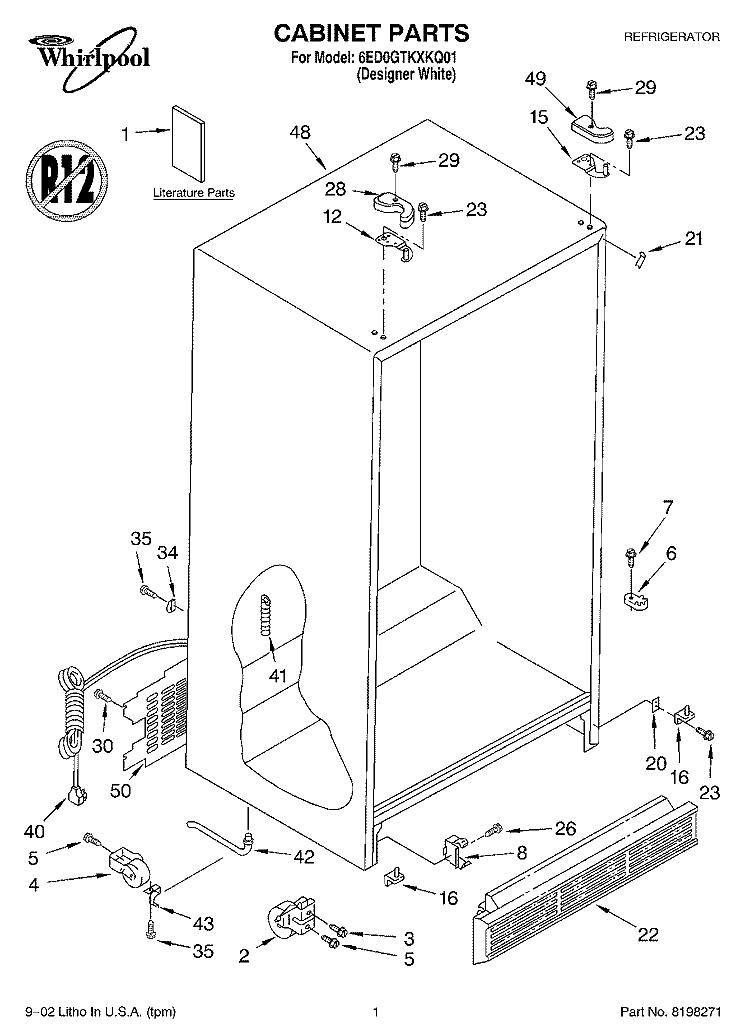 CABINET, LITERATURE Diagram and Parts List for 6ED0GTKXKQ01  Whirlpool Refrigerator