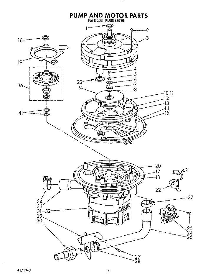 PUMP AND MOTOR Diagram and Parts List for KUDB220T0  KitchenAid Dishwasher
