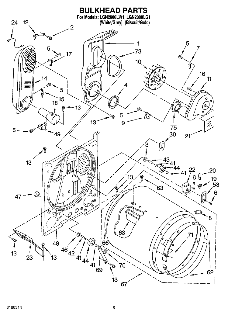 BULKHEAD PARTS Diagram and Parts List for LGN2000LW1  Whirlpool Dryer