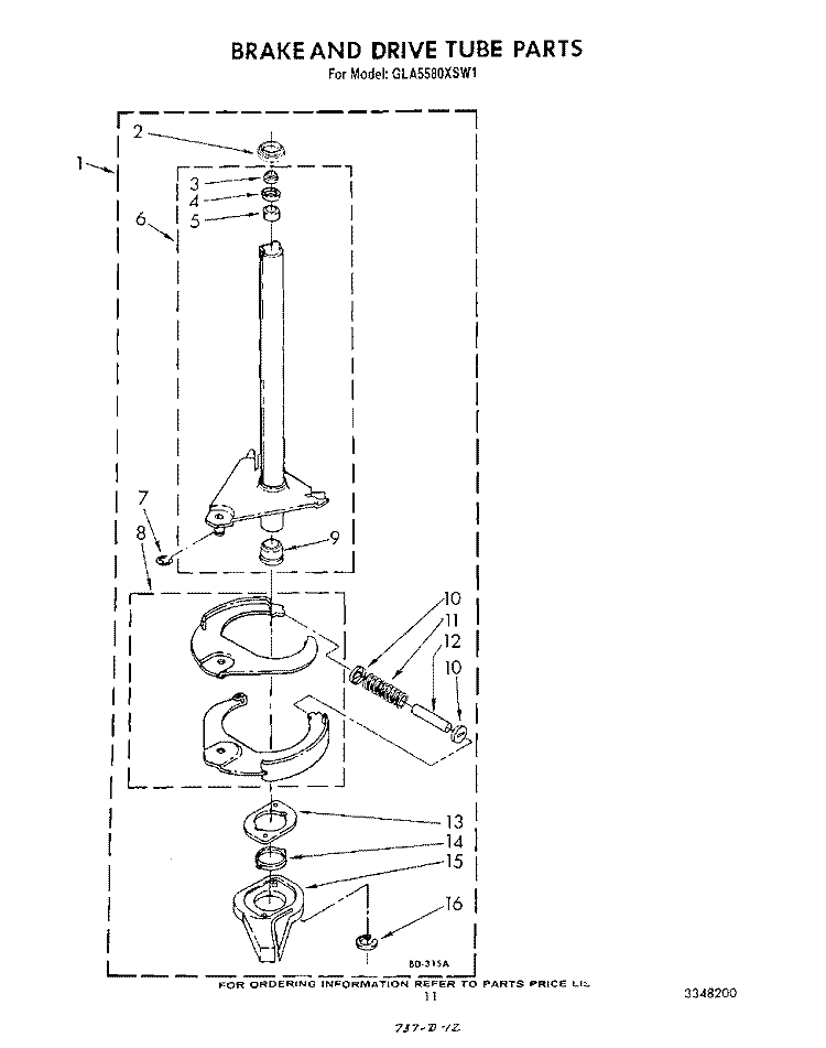 BRAKE AND DRIVE TUBE Diagram and Parts List for GLA5580XSW1  Whirlpool Washer
