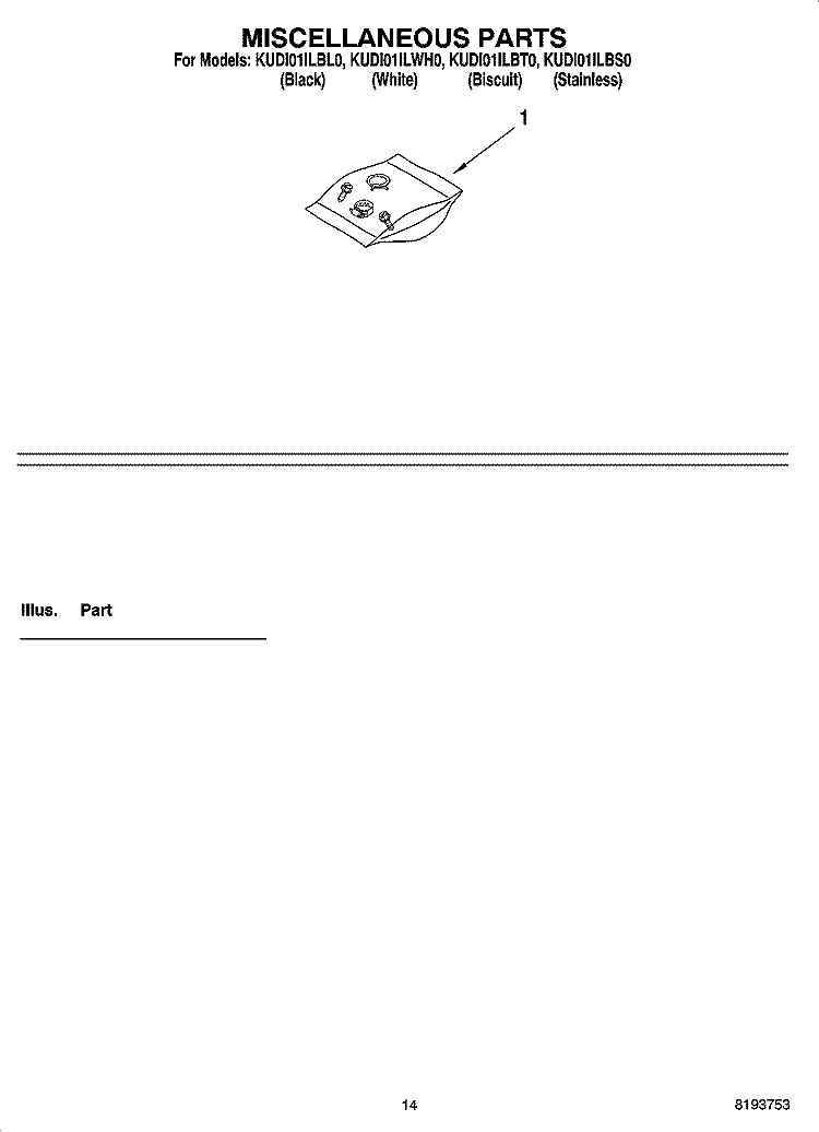 MISCELLANEOUS PARTS OPTIONAL PARTS (NOT INCLUDED) Diagram and Parts List for KUDI01ILBL0  KitchenAid Dishwasher