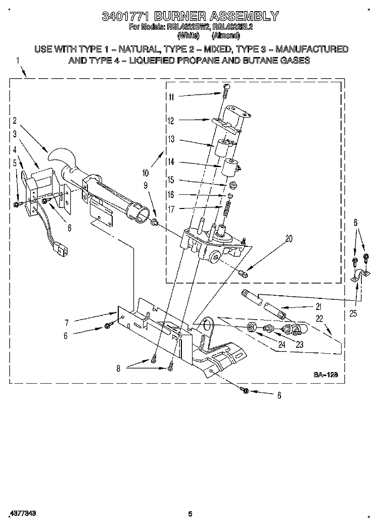 3401771 BURNER ASSEMBLY Diagram and Parts List for RGL4622BL2  Roper Dryer